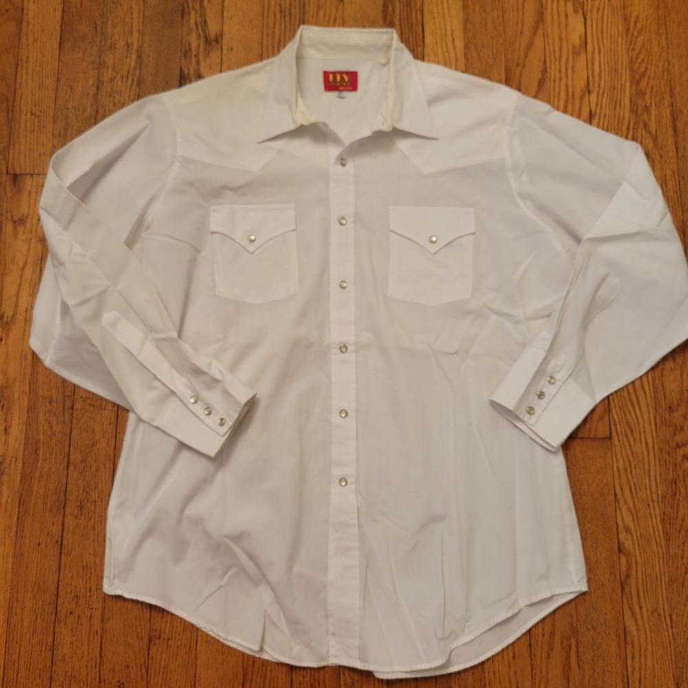 Ely Plains 17 34/35 Western Shirt White Pearl Snap Long Sleeve Rockabilly Cowboy